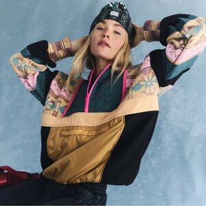 Free People Movement To The Peak Quarter Zip Rainbow Knit Hood Puffer Pullover L